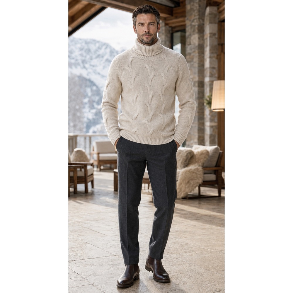 Brax Feel Good Mens Turtleneck Cable Knit Sweater Oatmeal Grey Size 50 NEW